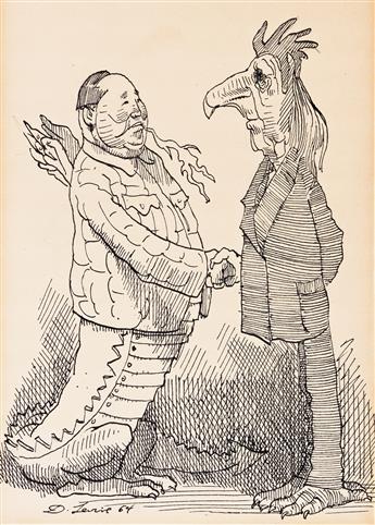 DAVID LEVINE (1926-2009) Group of 7 cartoons featuring political figures of the 1960s, primarily Mao Zedong, Charles DeGaulle, Lyndon B